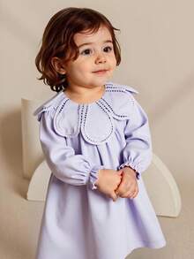 SHEIN Vestido holgado de manga larga con diseño de cuello floral elegante para bebé niña, 100% algodón suave apto para piel delicada de bebé, para uso en todas las estaciones, otoño/invierno - Morado - Ver 2