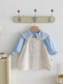 2 件套女婴碎花吊带裙和汗衫套装，时尚秋季服装 - 藍色 - 查看 2