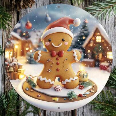 1pc Vintage Gingerbread Man Metal Wall Art - 20x20cm Round Wrought Iron Sign With Christmas Scene, Santa Hat And Candy Cane Design - Suitable For Home, Kitchen, Office Decor - Christmas, Thanksgiving, New Year, Winter Holiday Party, Gingerbread Christmas Decor, Holiday Home Decor, Classic Holiday Design, Durable Outdoor Art, Seasonal Decoration, Holiday Shopper, Best Christmas, Perfect Thanksgiving, Pre-Drilled Holes