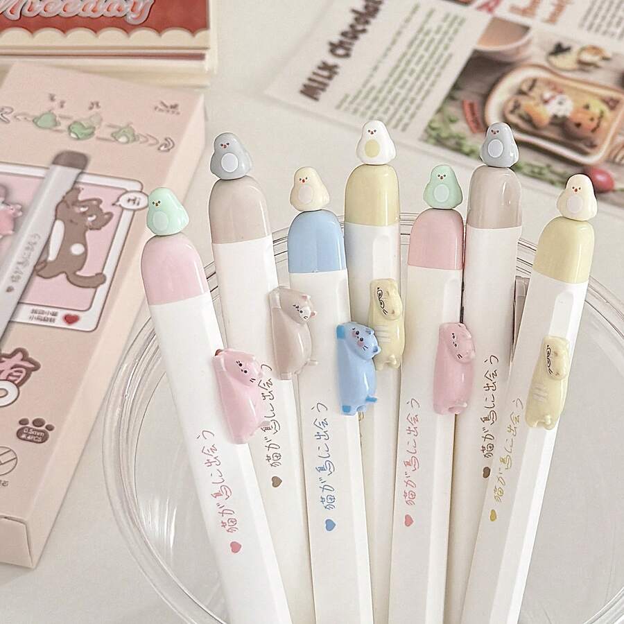 4pcs/Set Cute Cat Design Retractable Ballpoint Pens, Neutral Pens With 0.5mm Refill, Suitable For Students - Black - View 1