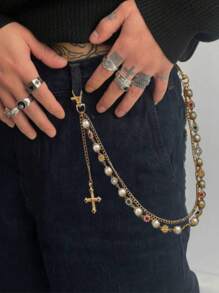 1pc Fashionable Hip-Hop Style Faux Pearl & Rhinestone Studded Colorful Cross Pendant Pants Chain, Suitable For Casual, Party, Daily Wear