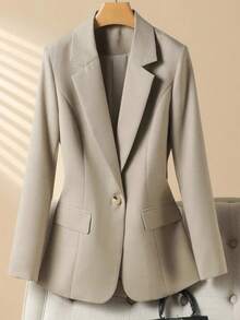 Damen Lässig Kragen Langarm einfarbiger Knopf Taschen Büro Blazer, Herbst