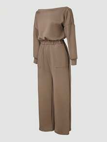 Damen schicke einfarbige Jumpsuit, Off-Shoulder V-Ausschnitt, elastischer Taille, Taschen und weitem Bein, für Lässig-Partys und Festivals