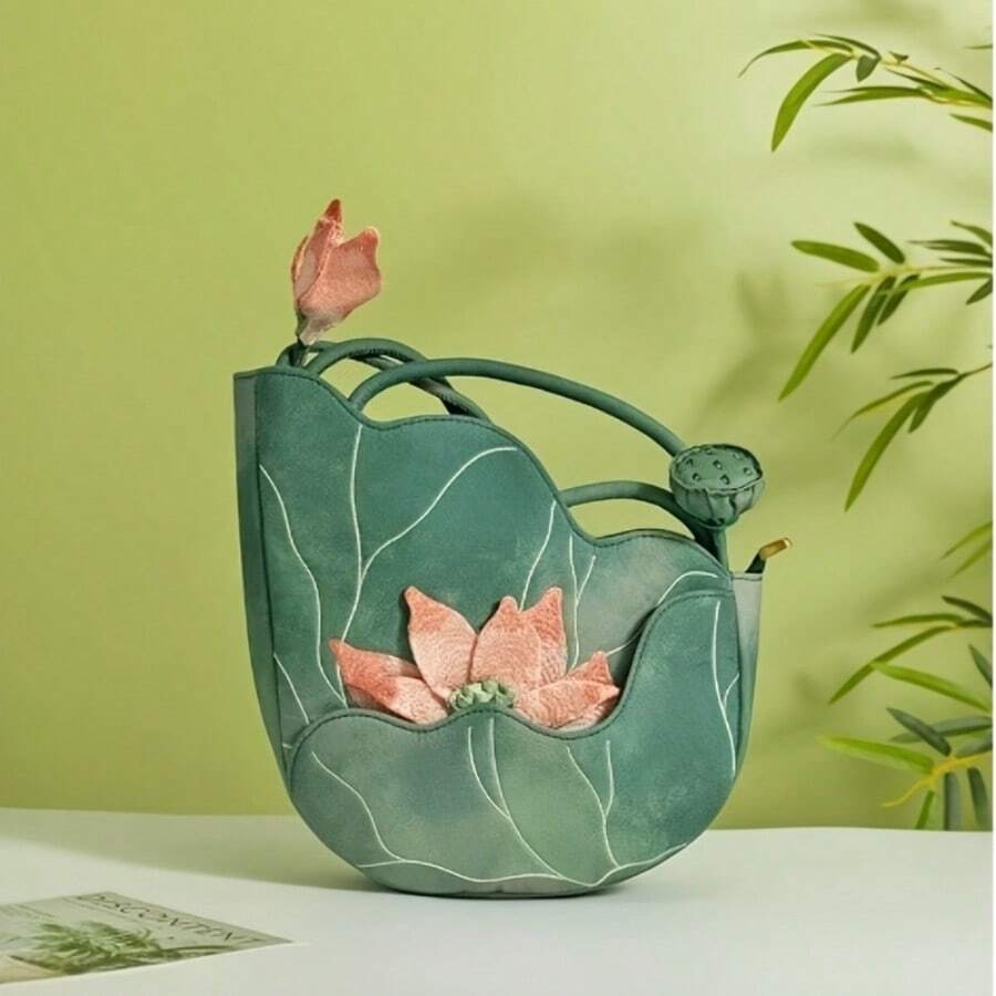Women's Shoulder Bag, New Chinese Style, Material - Exquisite Floral Design With Green And Pink Lotus And Dragonfly Decorations, Zipper Closure, Lightweight Polyester Lining, Perfect For Travel And Vacation, Ideal Birthday Gift - 綠色 - 查看 1