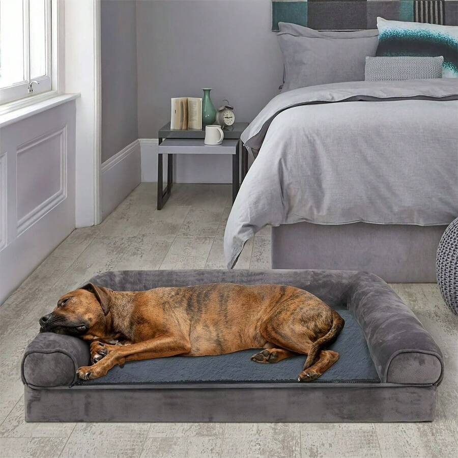 Jumbo Orthopedic Memory Foam Dog Bed For Large Dogs - High Quality Bolster Cushion With Plush Mat, Easy Assembly, Grey Pet Bed For Joint Support & Home Decor - 灰色 - 查看 1