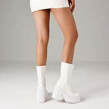 Womens Wedge Heel Ankle Boots Platform Zipper Punk Motorcycle Booties Chunky Block High Heel Round Toe Fashion Work Combat Boots Mid Calf For Women