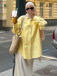 Elegant Women's Long Sleeve Button Up Shirt Collar Modest Top In Striped Woven Fabric