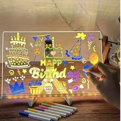 1 طقم لوحة رسائل LED مرسومة باليد، 7 فرش ألوان، لوحة رسم شفافة تضيء في الظلام، لوحة كتابة مضيئة LED مصنوعة يدويًا، طقم أدوات رسم مع حامل، سطح قابل للمسح بالكهرباء، مناسب للمكتب والمدرسة وديكور المنزل