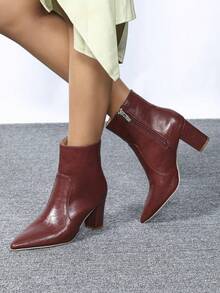 Women's New Solid Wine Red Simple Fashion Versatile Commuting Work Party Office Side Zipper Pointed Toe Chunky Heel Mid Heel Ankle Boots, Short Boots, Motorcycle Boots, Riding Boots, Fashionable Boots, Autumn/Winter - Burgundy - View 5