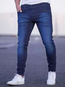 Pantalón Skinny para Hombre Pantalones Moda Mezclilla Ajustados Elásticos Jeans Clasicos de Hombre con Bolsillo moderna urbano comodo - Azul lavado oscuro - Ver 1