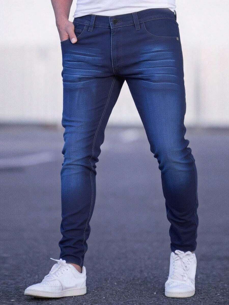Pantalón Skinny para Hombre Pantalones Moda Mezclilla Ajustados Elásticos Jeans Clasicos de Hombre con Bolsillo moderna urbano comodo - Azul lavado oscuro - Ver 1