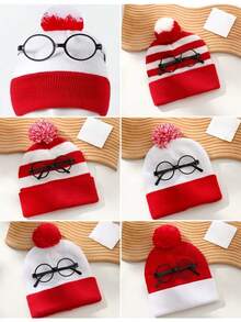 1pc Autumn/Winter Simple Color Block Knit Beanie Hat, Unisex Casual Versatile Christmas Knit Hat With Decorative Glasses