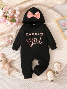 女婴简约舒适春秋季新款字母印花连帽蝴蝶结装饰长袖连体衣 - 黑色 - 查看 1