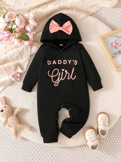 Minimalistisk och bekväm vår-/höstjumpsuit med bokstavstryck och rosettdekor för babyflickor