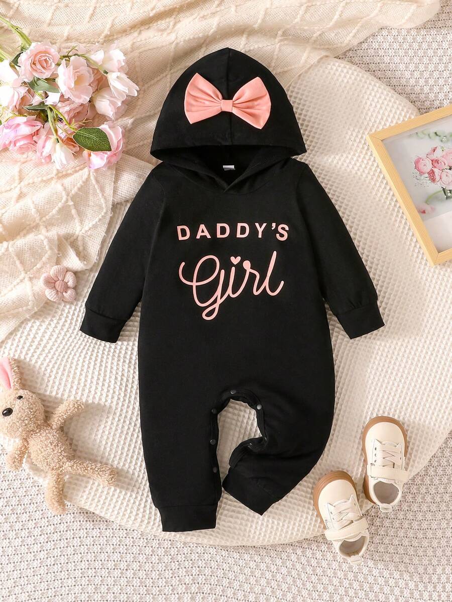 女婴简约舒适春秋季新款字母印花连帽蝴蝶结装饰长袖连体衣 - 黑色 - 查看 1