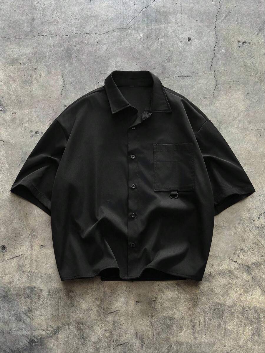 Men's Casual Loose Fit Short Sleeve Woven Black Shirt, Fashion Plain Urban Boxy Shirt, For Friends