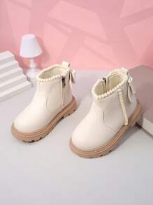 1 双幼儿女童米色靴子，纯色软 PU 材质，低帮，侧面绒球拉链设计，圆头，厚底，防滑，舒适，时尚休闲可爱正装靴，适合 3-15 岁女学生，室内/室外，派对，2025 秋冬新品