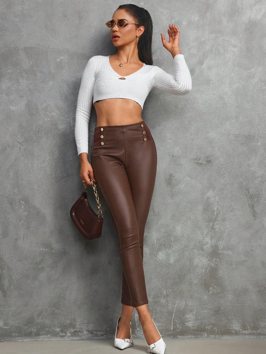 Women's Solid Color Sexy Faux Button Leather Pants, Suitable For Daily Wear, All Seasons - Brown - View 1