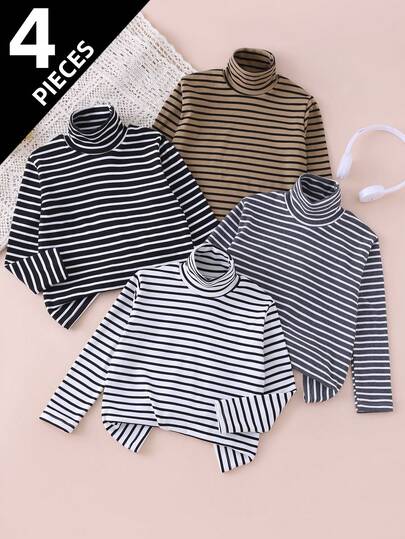 4 件套儿童高领长袖 T 恤，条纹汗衫，适合男孩和女孩，适合 4-12 岁，春/秋/冬
