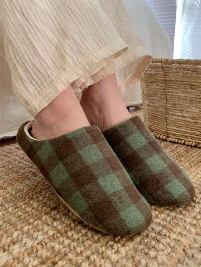 XIXITIAO 1双春夏情侣格子图案拖鞋，静音室内平底拖鞋，复古休闲一脚蹬拖鞋，四季皆宜，男女通用经典闭趾平底拖鞋