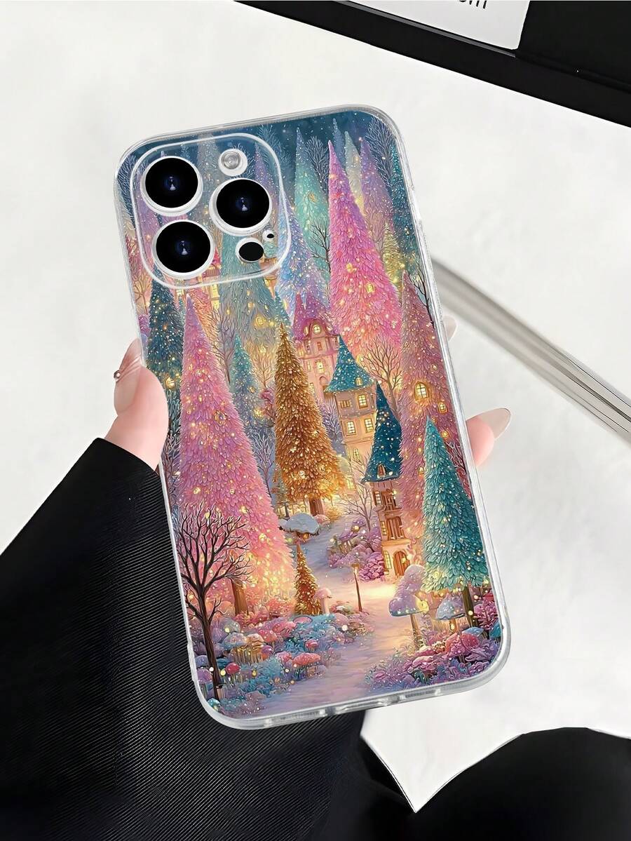 Weihnachtsbaum Traumwald Thema bedruckter 2D Muster, schicker Stil, geeignet als Geburtstags-/Feiertagsgeschenk für Kollegen, Freunde, Familie, Paare. Transparente weiche Hülle mit Schutz-, Staub- und Wasserschutzfunktion kompatibel mit iPhone 16/15/14/13/12/11/Pro/ProMax/X/XR/XS/XSMAX/7/8/PLUS und Modellen