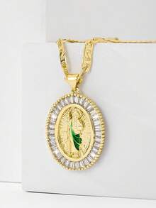 1pc 2025 New Hypoallergenic Copper Inlaid Colorful Green Zirconia Round Priest Pendant Necklace, Suitable For Christmas/Thanksgiving/Mother's Day/Valentine's Day Couples/Friends/Fellow Church Members As Gifts, Catholic First Communion, Daily Festival Wear And Prayer