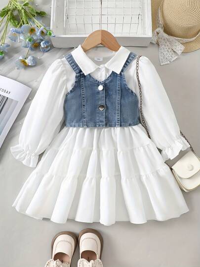 Girls' Spring/Autumn 2 Pieces Set: Denim Pinafore Dress + Long Sleeve Shirt, Stylish Outfit For Girls, Outdoor Daily Wear, Back To School Season