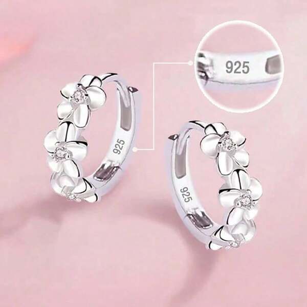 Pendientes de aro redondos con flor de rosa plateada en plata de ley 925 con circonita AAA para mujer, joyería de compromiso y boda