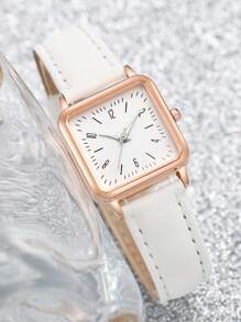 4pcs/Set Women's Fashion Casual Square Numeral Dial Quartz Watch Combo + Heart Bracelet Set (Watch Box Not Included) - Black and White - View 10