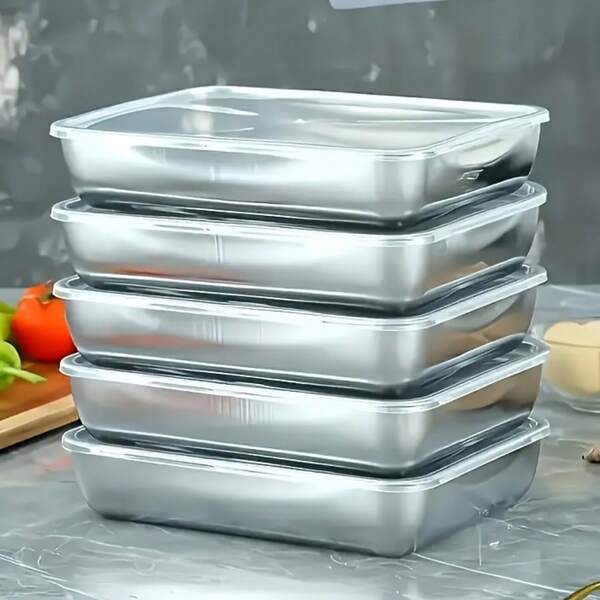 Conjunto de armazenamento de alimentos de aço inoxidável com 5 peças e tampas transparentes - Recipientes quadrados grandes para carne, frutas e vegetais - Perfeito para camping, caixas de armazenamento de lanches, uso doméstico e externo, organizador de cozinha empilhável - Ideal para uso doméstico e externo, itens essenciais para camping | Recipientes empilháveis | Armazenamento, Recipientes de aço inoxidável, recipiente para frios para geladeira ou piquenique, churrasco, escritório, almoço na academia