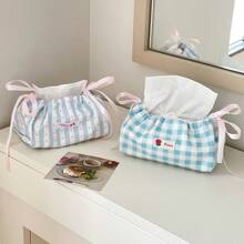 Korean Ins Style Drawstring Tissue Box, Blue & White Plaid Fabric Storage Bag, Atmosphere Decor For Desk, Suitable For Coffee Table, Dining Table, Car - Simple & Fashionable Home Essential - Multicolor - View 2