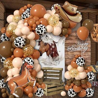 Juego de 110 globos de vaquero occidental | Kit de arco y guirnalda de globos con temática de caballos, adecuado para fiestas campestres, festivales de rodeo y cumpleaños con temática campestre. Globos de color marrón claro