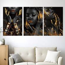 3 pièces Peinture moderne noir et or Femmes afro-américaines Toiles murales Affiches Portrait de reine noire Or Mode Image féminine exquise avec cadre Utilisé pour la décoration murale