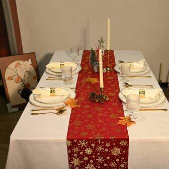 275 cm x 28 cm glänsande guldmetallisk julsnöflingebordslöpare, glittrande guld juldekoration för vintersemesterhemmafest