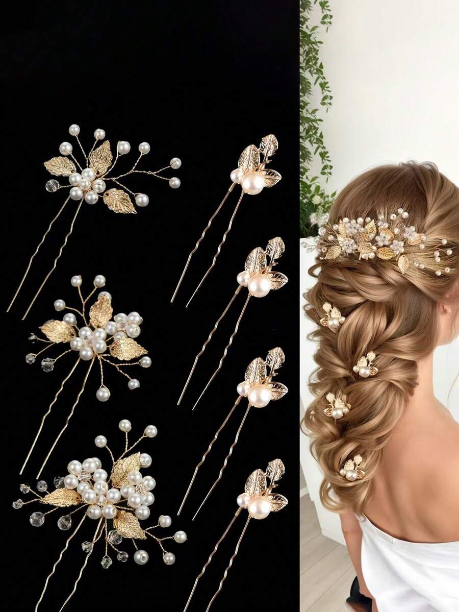 7pcs Handmade Gold Alloy Leaf, Faux Pearl & Flower Bridal Headpiece Set, Wedding/Party Hair Accessories Valentine's Day Accessories,Summer,Beach,Festival,Elegant - Gold - View 1