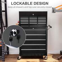 HOMCOM 2 In 1 Rolling Tool Cabinet On Wheels With 14 Drawers, Pegboard And Side Rack, Lockable Top Tool Chest And Roller Cabinet Combo For Workshop And Home, Black - 黑色 - 查看 6