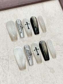 10 件 Y2K 蝴蝶翅膀装饰美甲套装，包含金属猫眼、水钻、蜘蛛网图案、可重复使用的指甲贴，适合派对、音乐会，轻巧奢华 - 銀色 - 查看 3