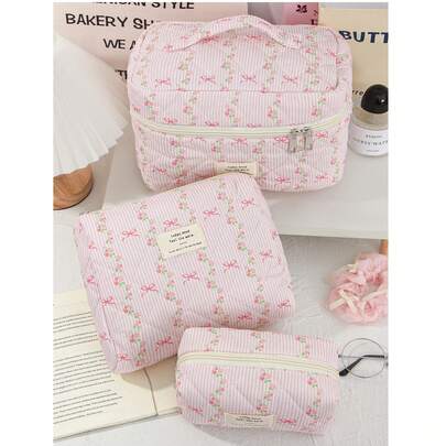 1个蝴蝶结装饰大容量手提包式化妆包，多功能化妆品收纳包，洗漱包，旅行必备，送给女性、母亲、女儿的礼物，夏季