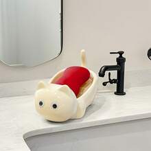 1PC Plastic Cute Cat Soap Dish, Self-Draining Bar Soap Holder For Shower, Decorative Soap Tray For Bathroom Sink Kitchen Counter, Easy Clean Soap Saver Tray