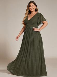 Plus Size Women V-Neck Short Sleeve Formal Long Dress, Suitable For Mother's Day Party, Graduation Ceremony, Wedding Guest And Other Occasions Spring - Olive Green - View 5