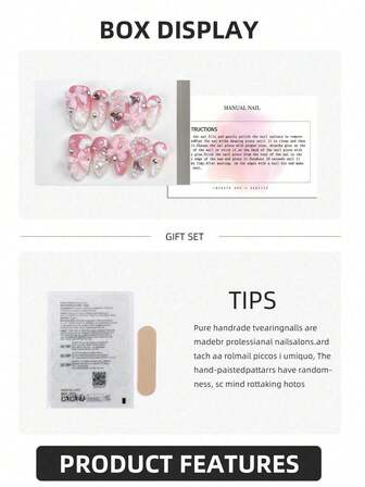 10 件优质手工铝箔渐变粉色亚克力指甲，带水晶心形和蝴蝶结装饰，粉色珍珠指甲贴纸，粘贴式指甲，美甲用品