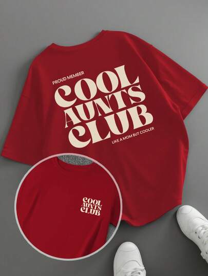 Summer Women's Loose Plus Size Patterned T-Shirt, "Cool Auntie Club" Letter Print, Mother's Gift,Mother's Day Gift, Teacher's Day Gift, Back-To-School Season