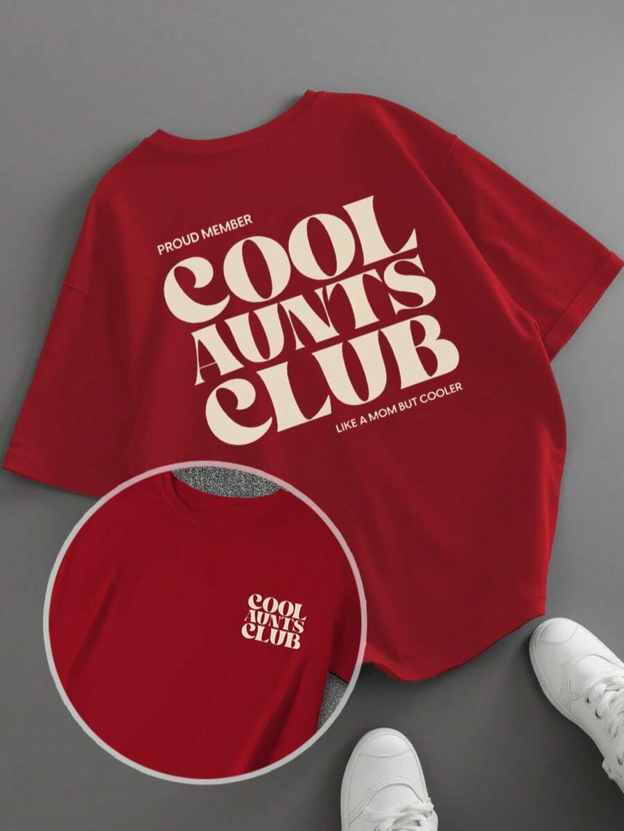 Summer Women's Loose Plus Size Patterned T-Shirt, "Cool Auntie Club" Letter Print, Mother's Gift,Mother's Day Gift, Teacher's Day Gift, Back-To-School Season - Red - View 1