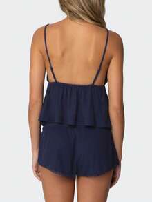 Women's Summer Pajamas Set Stylish Embroidery Lace Trim Camisole Tops With Shorts Lounge Wear 2 Pcs Set - 藏蓝色 - 查看 6
