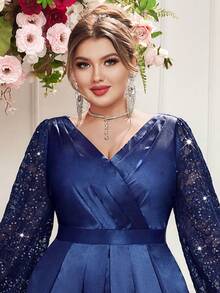 Plus Size V Neck Ruched Sequin Floral Lace Lantern Sleeve Contrast Satin Formal Party Maxi Dress, Wedding Guest Dress, Elegant Prom Dress - Navy Blue - View 8