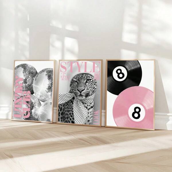 1/3 piezas Cuadros de arte de pared con estampado de leopardo/guepardo, bola 8 con suerte, impresiones en lienzo, pósteres rosas femeninos, decoración chic y lujosa para dormitorio, sala de estar o decoración de dormitorio, regalo para ella sin marco