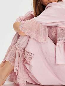 Women Lace Trim Long Bloomers Y2k Elastic Mid Rise Ruffle Victorian Pantaloons Cropped Flared Slips Pants Pumpkin Pants - Pink - View 4