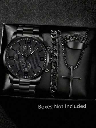 4pcs Men's Black Steel Strip Fashionable Casual Business Classic Three Eye Dial Quartz Watch Bracelet Cross Hip-Hop Necklace Ring Set Suitable For Daily Wear Or Holiday Gifts For Friends