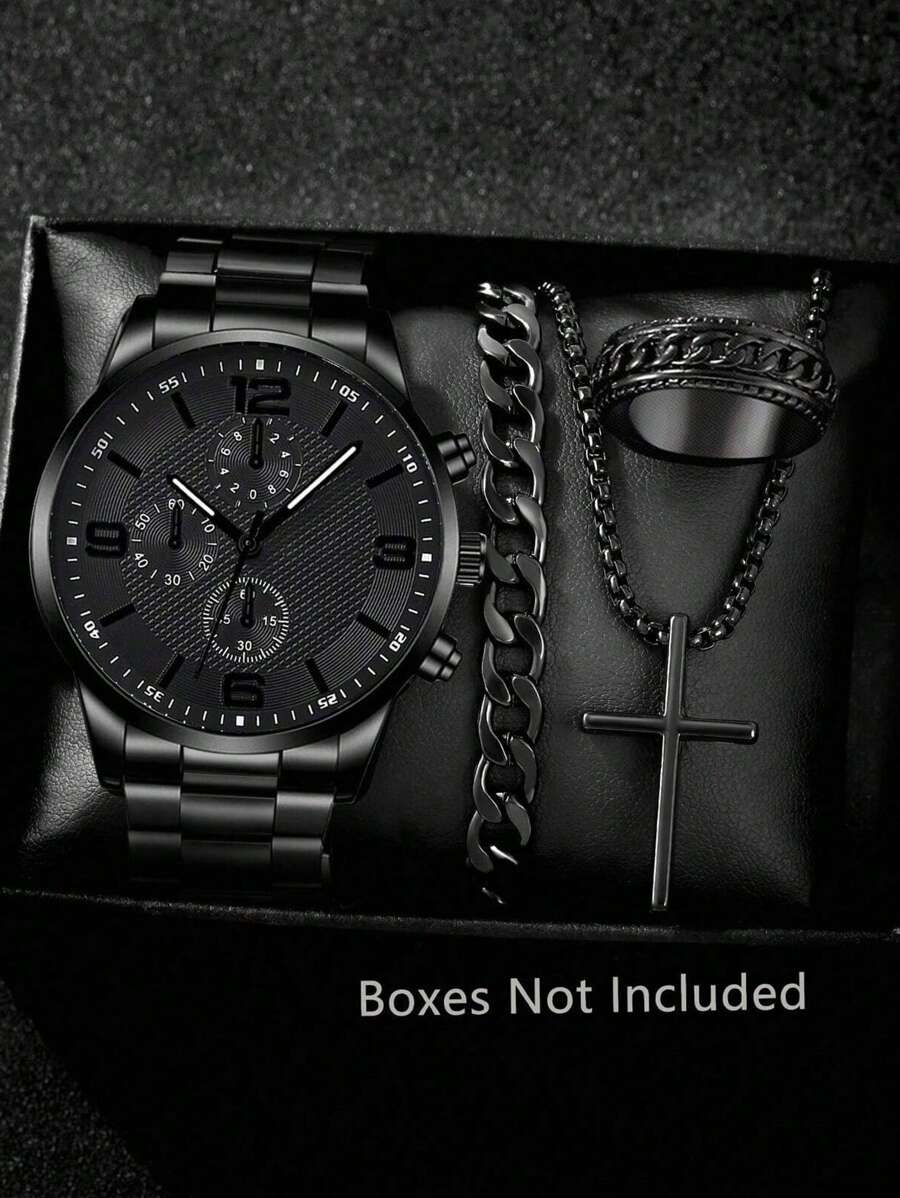 Set de 4 piezas para hombre que incluye: Reloj de cuarzo con esfera de tres ojos, pulsera de acero negro con tiras, collar cruzado de estilo hip-hop y anillo, adecuado para uso diario o como regalo de vacaciones para amigos