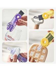 Zestaw szczotek czyszczących 3 w 1 z trzema wymiennymi główkami do kubków, pokrywek, nakrętek do butelek i smoczków. Zawiera podwójny rząd prostych włosia, spiralną główkę szczoteczki oraz wbudowaną główkę szczoteczki w kształcie litery U, która usuwa brud i plamy w promieniu 360 stopni bez martwych kątów. Można go używać do czyszczenia wszelkiego rodzaju akcesoriów kuchennych, w tym obieraczek, foremek do żywności, koszy ociekowych i innych higienicznych narożników, szczelin i rowków., Sprzątanie domu, Sprzątanie kuchni, Sprzątanie imprez